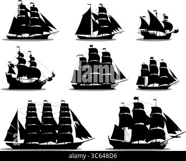 Piratenschiffe Vektorsilhouetten von Vintage-Segelbooten und Segelschiffen mit schwarzen Segeln, Fahnen und Masten. Mittelalterliche Piraten-Korsair-Kampfschiffe, alte Karabelle des Marinebauers, Galeone, Brigantin und Barque Stock Vektor