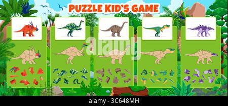 Schneide und klebe die Spielvorlage mit prähistorischen Dinosauriern für Puzzle, Vektorkonstruktor. Kinderspiel mit geschnittenen Dinosaurierstücken zum Schneiden und Kleben passend zum Bild von Jurassic-Echsen Stock Vektor