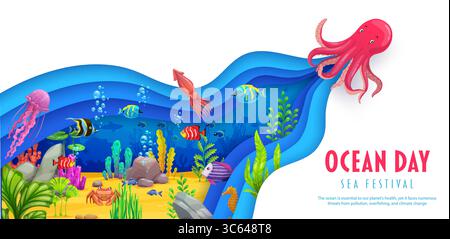Papier geschnittene Ozeane Tagesbanner mit Oktopus und Unterwasserlandschaft. World Ocean Day Holiday, Sea Nature and Marine Life Protection Papercut Vektor Poster oder Banner mit Fischschwärme, Algen und Korallen Stock Vektor