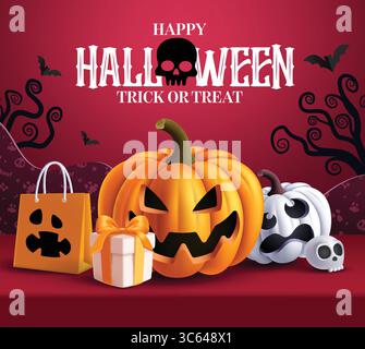 Halloween Podium Vektor Banner Design. Fröhlicher halloween Text auf der Podiumbühne mit Kürbissen, Geschenkbox, Papiertüte und Totenschädelelementen im Hintergrund Stock Vektor