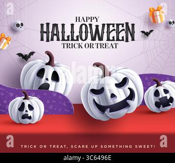 Halloween Podium Papier geschnitten Vektor Banner Design. Happy halloween Trick or Treat Grußtext mit weißen Kürbisfiguren auf Podium Bühnentapier Stock Vektor