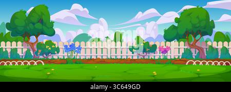Garten Hinterhof Vektor Hintergrund mit Karikaturhaus Hof, Holzzaun und Bäume, Blumen, grüner Gras Rasen und Pflanzen. Garten Hinterhof am Sommertag Natur Landschaft Hintergrund, Landschaftsgestaltung Thema Stock Vektor
