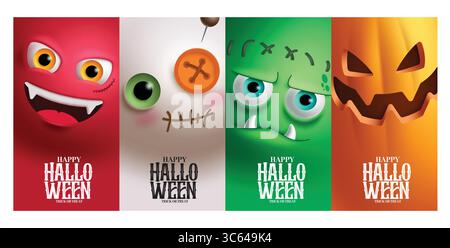 Halloween Charaktere Grußkarte Vektor Poster Design. Frohe halloween mit Dämonen, Mumien, Zombies und Vogelscheuchen als süße Figur für Trick oder Leckerbissen Stock Vektor
