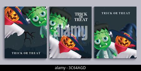 Halloween Charaktere Vektor-Poster Set Design. Happy halloween Trick or Treat Grußtext mit Zombie- und Schreckensfiguren in Vollmondnacht Stock Vektor