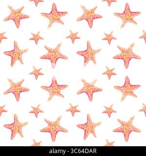 Verstreute orange-rosa und hellrote Seesterne in Aquarellmuster, die sich zart wiederholen. Entwickelt für Grußkarten, Planer, Geschenkpapier oder weiche Stoffe Stockfoto