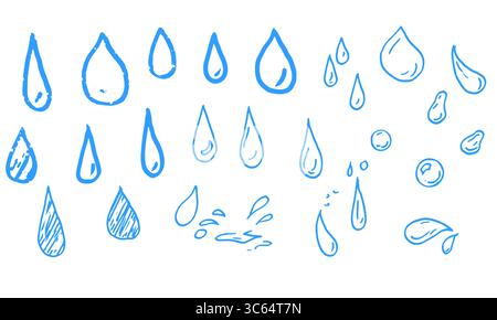 Wassertropfen und Spritzer, eine Reihe von Ikonen im Doodle-Stil. Vektorabbildung. Eine Reihe von Silhouetten aus Tau und Regen ist auf weißem Hintergrund isoliert Stock Vektor