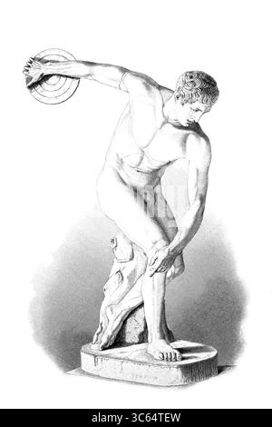 Der Diskobolos, ein Diskuswerfer des griechischen Bronzegeisters Myron, auch bekannt als der Diskobol von Myron, ist eine der berühmtesten griechischen Statuen aller Zeiten. Es stellt vermutlich einen Gewinner der Decthlondisziplin des Diskuswurfs dar. Digital restaurierte Reproduktion eines antiken Modells. Historisch, exaktes Datum unbekannt. Stockfoto