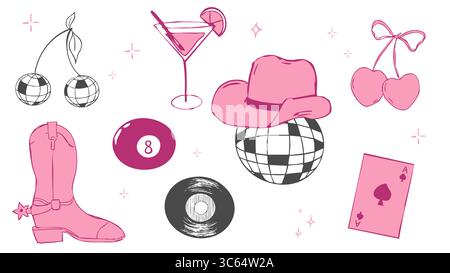 Discokugel y2k Junggesellinnentätowierung Skizze. Discokugel mit Hut, Vinyl, Kirschdisco-Set. Doodle glänzende Nachtleben Musik Illustration. Groovige 2000-Party. Vektorabbildung Stock Vektor
