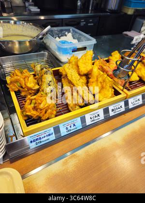 Verschiedene Tempura-Auswahl am Selbstbedienungsschalter in Osaka, Japan Stockfoto