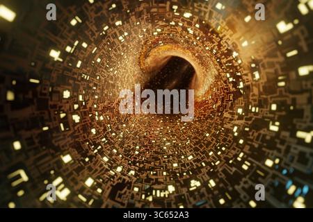 Futuristischer Tunnel mit komplexen geometrischen Mustern und warmen, leuchtenden Lichtern. Stockfoto