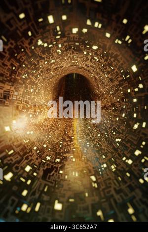 Futuristischer Tunnel mit komplexen geometrischen Mustern und warmen, leuchtenden Lichtern. Stockfoto