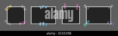 Realistisches transparentes Klebeband hält Bilderrahmen mit zerknitterten Texturen und glänzenden Reflexionen für Scrapbook-Designs. Eckbefestigungen mit verschiedenen Winkeln für Memory-Album oder digitale Collage Stock Vektor