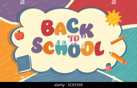 Bunte Back-to-School-Illustration mit verspieltem Text und Schulelementen für Kinder Stock Vektor