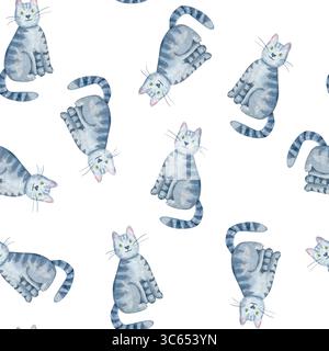 Sitzende graue Tabby-Katze mit grünen Augen, multidirektionales, nahtloses Muster. Niedliche Aquarellillustration isoliert auf weiß. Perfekt für Kinder Stockfoto