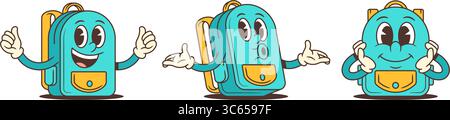Farbenfrohe Schulrucksäcke in verspielten Posen mit hochgezogenen Daumen, kuriosen Gesten und bezaubernden Gesichtsausdrücken. Ideal für Lehrinhalte, Kleie Stock Vektor
