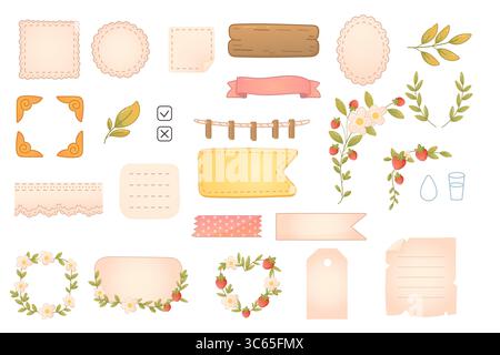 Sammlung von pastellfarbenen Planern Tags, Etiketten, Bänder, Rahmen, Blumendekor, Erdbeerzweige, Spitze und Checkboxen Stock Vektor