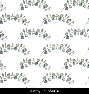 Geometrisches nahtloses Eukalyptusmuster, Zweige mit Blättern, handgezeichnetes rustikales botanisches Ornament mit Aquarell isoliert auf weißem Hintergrund. Stockfoto
