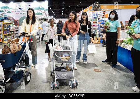 Haustierbesitzer schieben Kinderwagen mit ihren Hunden und Katzen während der PET Expo Championship 2025 im Queen Sirikit National Convention Center durch die Ausstellungshalle. Die PET Expo Championship 2025 wurde am 31. Juli 2025 im Queen Sirikit National Convention Center unter dem Motto „das magische Land der Freundschaft“ eröffnet. Die Veranstaltung findet bis zum 3. August statt und bietet Haustiersportarten, Grooming-Wettbewerbe, exotische Tiere und eine große Auswahl an Haustierprodukten. Zu den wichtigsten Attraktionen gehören eine Kaninchenzone, ein Katzenaktivitätsbereich und ein Python-Boa-Wettbewerb. Stockfoto