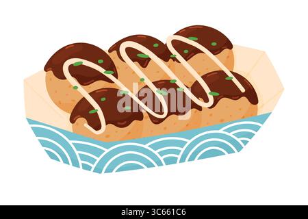 Traditionelles japanisches Takoyaki, serviert in einem Papiertablett. Runde Krakenkugeln mit herzhafter Sauce, Mayo und Kräutern. Beliebte Street-Food-Illustration Stock Vektor