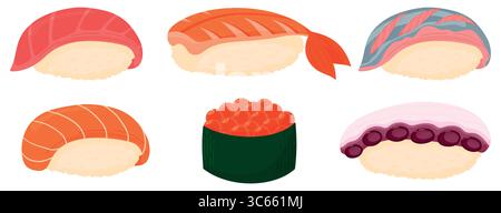 Set Sushi für Zeichentrickfilme. Lachs, Thunfisch, Garnelen, Oktopus, Iwashi, roter Kaviar. Japanische Küche, traditionelle Speisen auf weißem Hintergrund Stock Vektor