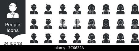 Avatare für Geschäfts- und Freizeitreisende mit männlichen und weiblichen Charakteren und soliden Symbolen. Benutzerprofilsymbole für Identität, Team, Schnittstelle und Kontakt Stock Vektor