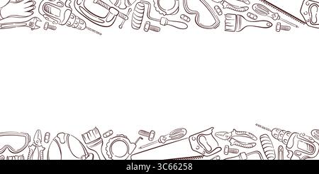 Rahmen des Reparaturwerkzeugs in Linienart mit Platz für Ihren Text. Perfekt für Bannerwebsite, Flyer, Reparaturservice oder Werkstattdesign. Stock Vektor