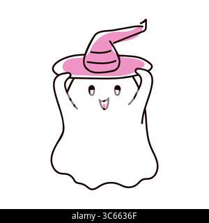 Niedlicher Doodle-Geist, der einen rosa Hexenhut trägt, lächelt und Arme auf weißem Hintergrund hebt. Verspielte Halloween-Illustration für Kinder. Stock Vektor