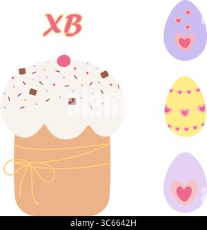 Osterkuchen mit XB-Schriftzug und farbenfrohe Eier mit Herz-Dekorationen isoliertes Osterelement-Set. Isolierte Vektor-Illustration Ostern Thematische Karten Party Einladung Promo Banner, Faltblatt, Etikett, Tag Stock Vektor