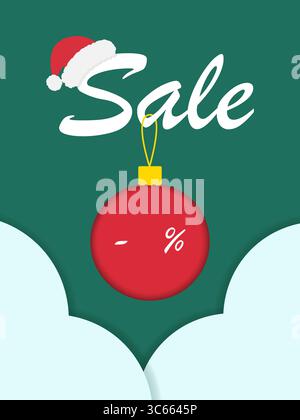 Sale-Schriftzug mit Weihnachtsmütze und hängender Kugel mit Prozentzeichen und Text Place Paper Cut Template. Isolierte Vektor-Illustration Weihnachten Feiertage Werbekarten, Werbebanner, Flugblätter, Etikett, Preisschild Stock Vektor