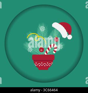 Pinienzweige Komposition mit Schneeflocken Weihnachtsmütze und Candy Cane in Blumentopf Paper Cut Design Idee. Isolierte Vektor-Illustration Weihnachten oder Neujahr Thematische Karten Party Einladungen oder Banner, Flugblätter Stock Vektor