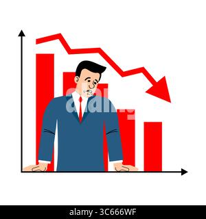 Besorgter Geschäftsmann mit einer Finanzgrafik, die einen starken Rückgang zeigt. Geeignet für Themen wie Krise, Verlust, Konjunkturabschwung, Investitionsversagen und Rückstand Stock Vektor