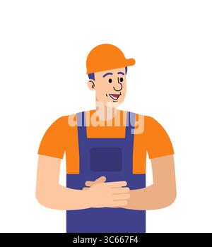 Bauarbeiter mit gelbem Helm und Uniform. Repräsentiert Professi für manuelle Arbeit, Sicherheit am Arbeitsplatz, Logistik, Lager oder Ingenieurprofessi Stock Vektor