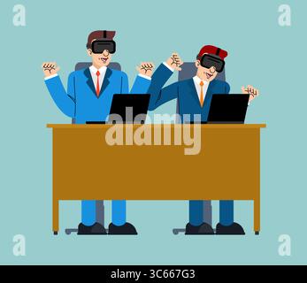 Büromitarbeiter mit Virtual-Reality-Headsets, die am Schreibtisch zusammenarbeiten. Konzept der digitalen Innovation, der Remote-Teamarbeit und der Zukunftstechnologie im Unternehmen Stock Vektor