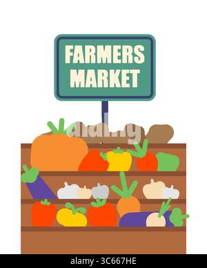 Bauernmarkt voll mit frischem Gemüse und Obst. Perfekt für Themen wie Bio-Lebensmittel, lokale Landwirtschaft, gesunde Lebensweise. Stock Vektor