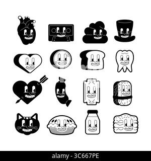 Set aus skurrilen schwarz-weißen Kritzelfiguren: Schädel, Toast, Herzen, Tiere. Ideal für Muster, Aufkleber, Tattoos, Kinderbücher oder Branding Stock Vektor
