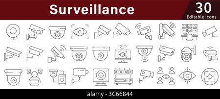 Überwachungssicherheit editierbare Zeilensymbole für Überwachungs-, CCTV-, Datenschutz- und Sicherheitssysteme Stock Vektor