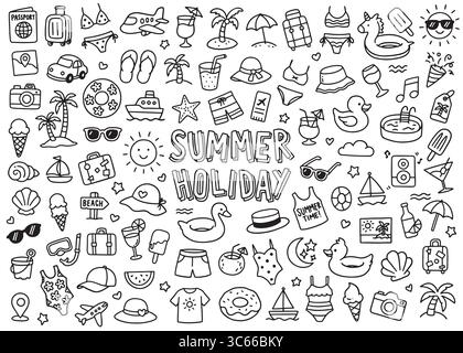 Zusammenstellung der Symbole für Sommerferien. Vektorgrafik einfache Illustration Icon Set für Web, T-Shirt Design, andere grafische Design Verwendung Stock Vektor