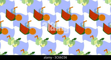Nahtloses Picknickmuster Für Fruchtsäfte. Scheiben von Wassermelonen, Apfel, Orangen und Saftgetränken in leuchtend nahtloser Komposition. Flaches Zeichentrickmuster Stock Vektor