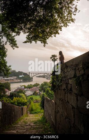 Porto, Portugal - 17. Juni 2022: Blick auf die Brücke Dom Luís i, die sich über den Fluss Douro erstreckt, eingerahmt von üppigem Grün und einer alten Steinmauer. Stockfoto