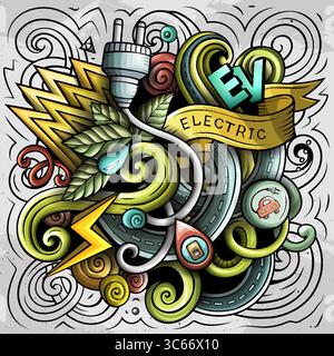 Vektorillustration von Elektrofahrzeugen, Öko-Energie, Ladestationen und grüner Technologie in einem lebendigen Doodle-Stil Stock Vektor