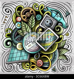 Vektorillustration von Elektrofahrzeugen, Öko-Energie, Ladestationen und grüner Technologie in einem lebendigen Doodle-Stil Stock Vektor