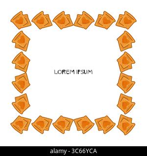 Rahmendesign Mit Gerösteter Brotmarmelade. Geröstete Brotscheiben mit herzförmiger Konfitüre. Cartoon-Lebensmittelrahmen in flachem Stil auf weißem Hintergrund, Draufsicht. Stock Vektor
