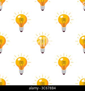 Brennende Glühlampe umgeben von Lichtstrahlen nahtloses Muster. Flammenenergie in einer Glühbirne. Idee, Bildung, Wissenskonzept. Stock Vektor