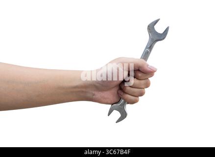 Nahaufnahme des Handgriffschlüssels auf weißem Hintergrund. Konzept für Reparatur, Wartung, mechanische Wartung oder industrielle Arbeiten. Stockfoto