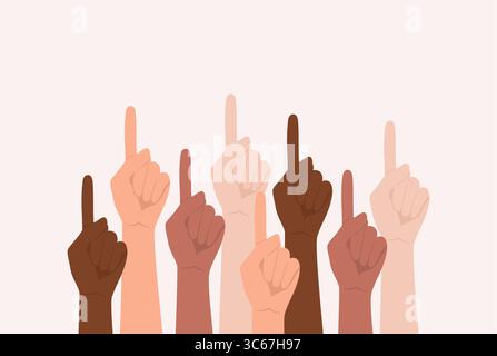 Hände von Menschen mit unterschiedlichen Hauttönen, die mit dem Zeigefinger nach oben zeigen. Illustration des flachen Vektors Stock Vektor