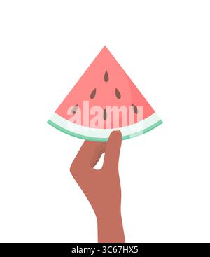 Menschliche Hand mit braunem Hautton, die ein Stück Wassermelone auf weißem Hintergrund hält. Illustration des flachen Vektors Stock Vektor