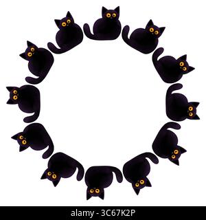 Runder Rahmen mit niedlicher schwarzer Katze. Handgezeichnete Abbildung. Geeignet für Halloween-Einladungen, Partykarten, Weihnachtsdekor und saisonale Designprojekte. Stockfoto