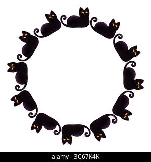 Runder Rahmen mit niedlicher schwarzer Katze. Handgezeichnete Abbildung. Geeignet für Halloween-Einladungen, Partykarten, Weihnachtsdekor Stockfoto