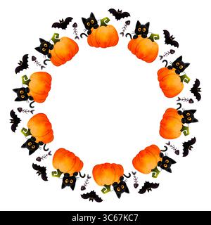 Runder Rahmen mit süßer schwarzer Katze, Kürbis und Fledermaus. Handgezeichnete Abbildung. Geeignet für Halloween-Einladungen, Partykarten, Weihnachtsdekor und saisonale Stockfoto
