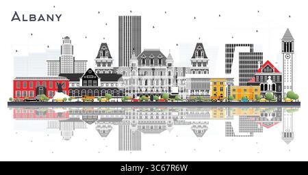 Skyline von Albany New York City mit farbigen Gebäuden und Reflexen isoliert auf weiß. Vektorabbildung. Albany USA Stadtbild mit Wahrzeichen. Stock Vektor